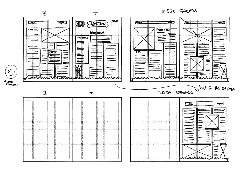 This is an image of my progress sketches for the adoption newsletter. This is the third and final ideas for the layout design.
