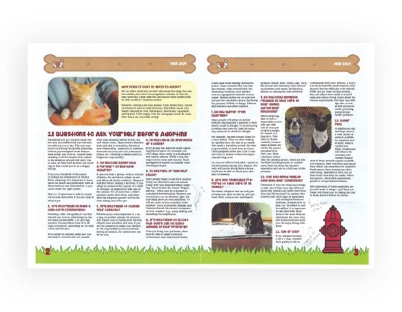 This is an image of a test print during the process of creating the newsletter. It shows the inner spreads (page 2 and 3).
