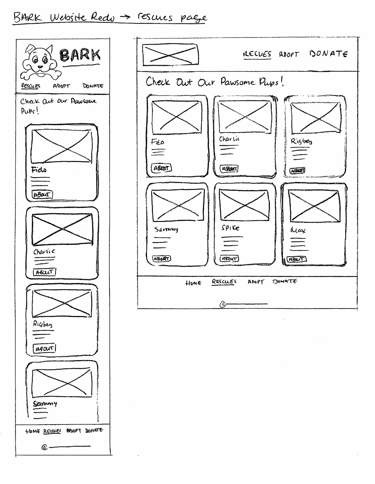 This is an image of the website wireframes. This is the layout for the available rescues page across different screen sizes.
