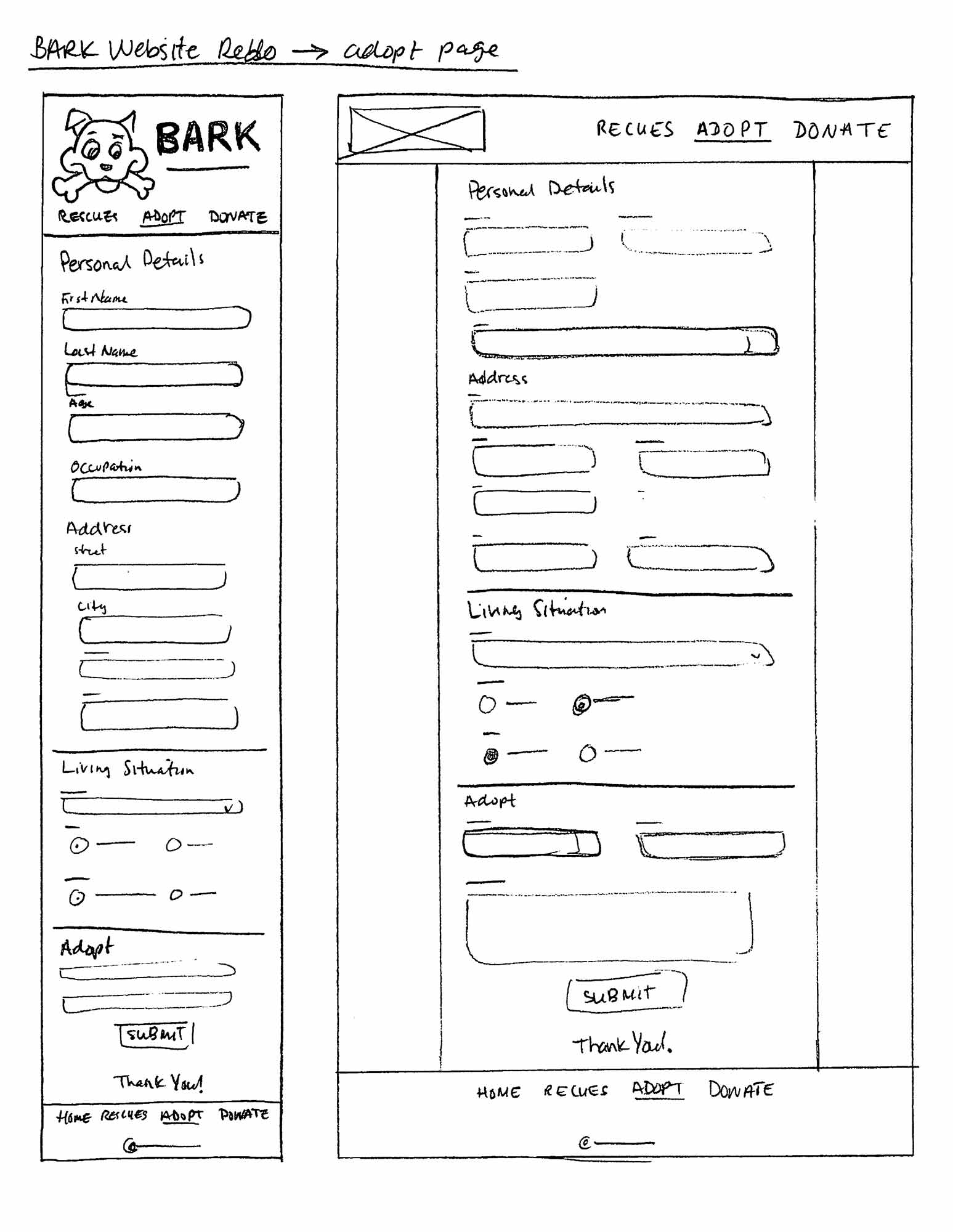 This is an image of the website wireframes. This is the layout for the adoption form page across different screen sizes.
