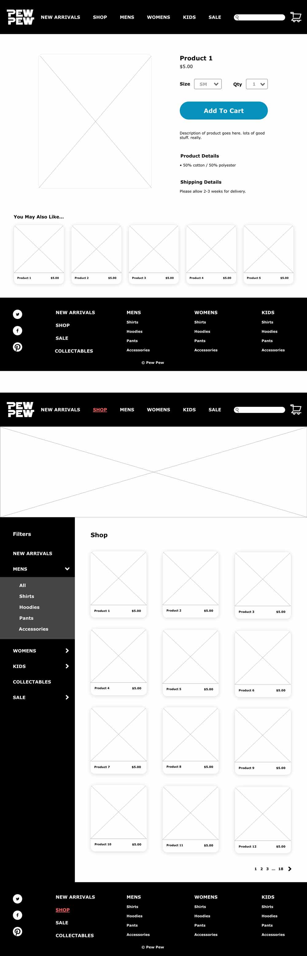 This is an image of the website wireframes. This is the layout for the general shop page and each product page.
