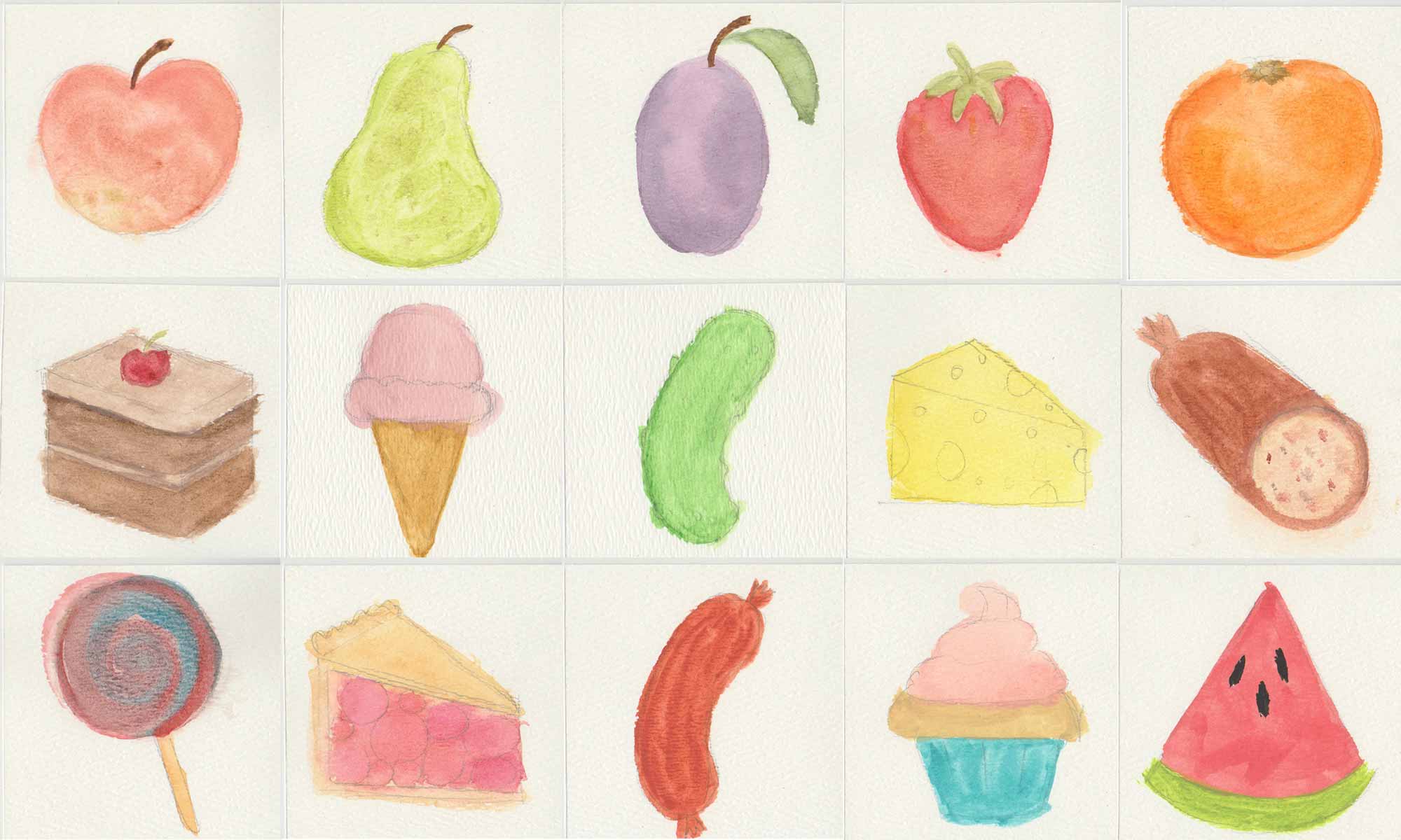 This is an image of various watercolour paintings of the foods found in the Hungry Caterpillar story book.
