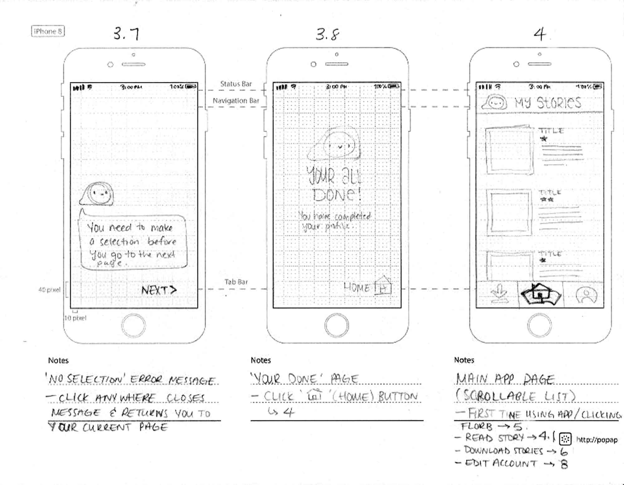 This is an image of some app sketches for the main home app screens.
